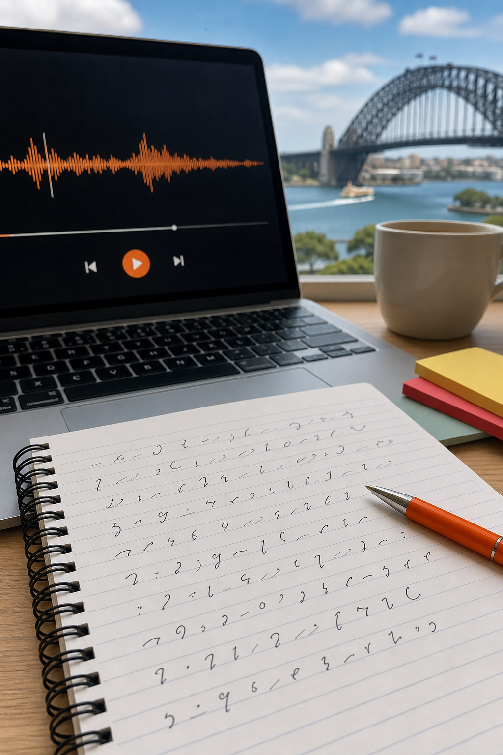 A close‑up of handwritten shorthand symbols on a notebook beside a laptop playing an audio segment. Alt: