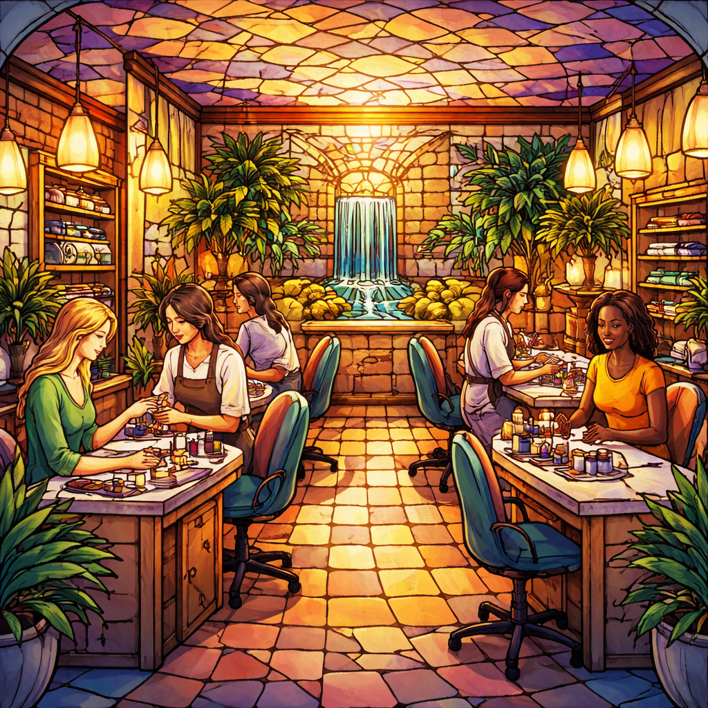 A stained glass style illustration of a calm spa interior with nail stations, warm lighting, and happy clients. Alt: nail salon near me Scarborough spa interior view
