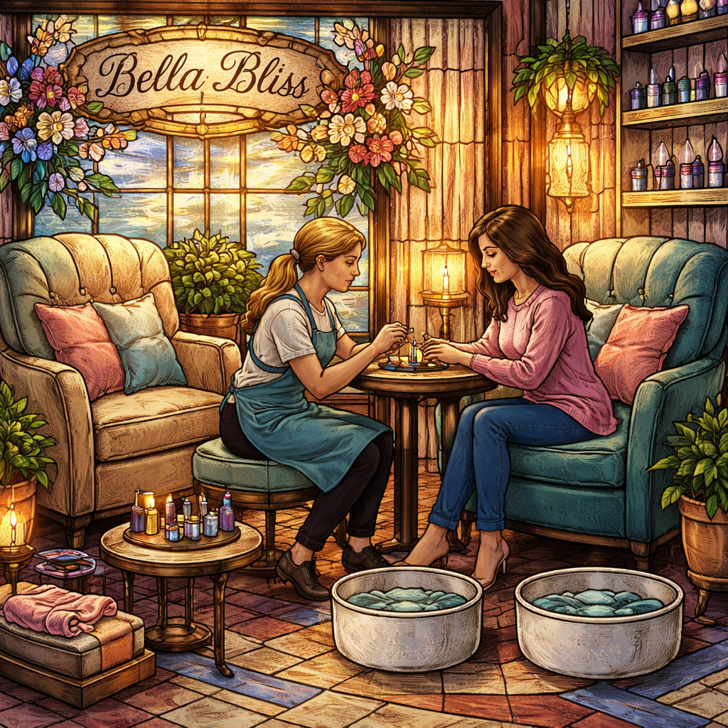 A stained glass style scene of a cozy nail salon corner with plush chairs, soft lighting, and a technician applying nail polish. Alt: Bella Bliss cozy nail salon interior