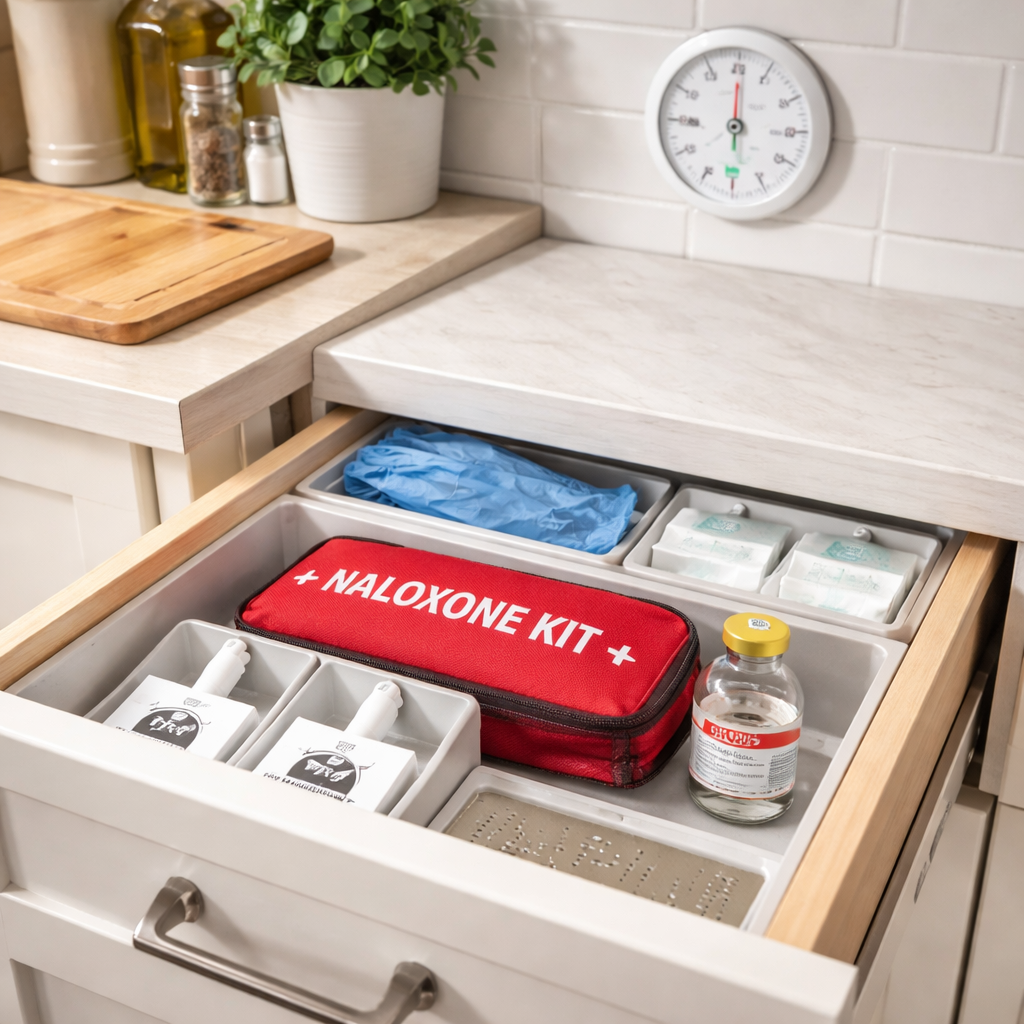 A realistic, photorealistic scene of a kitchen drawer opened to reveal a neatly organized naloxone kit, with the bottle upright, label visible, and a temperature gauge on the wall showing a moderate room temperature. Alt: Proper storage of naloxone kit in a home setting.