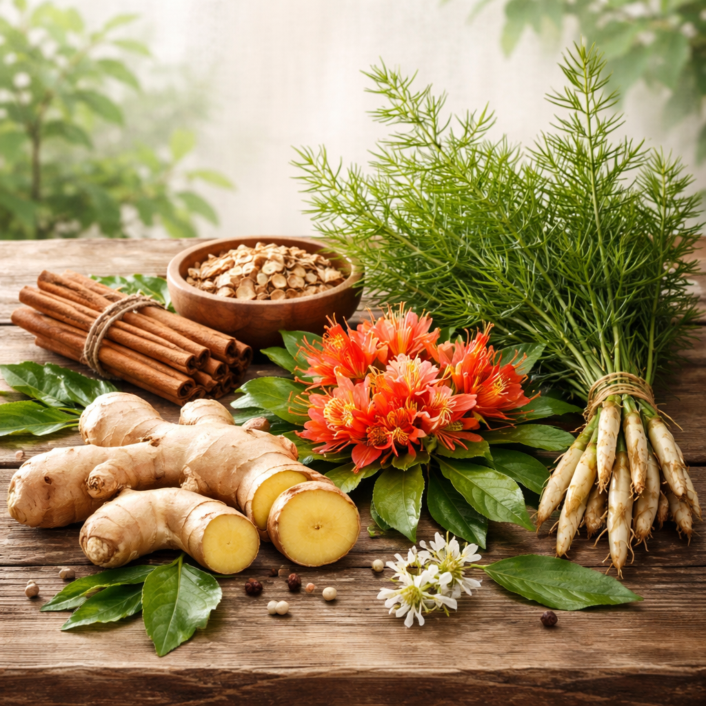 A realistic illustration of Ayurvedic herbs such as ginger root, cinnamon bark, ashoka flowers, and shatavari leaves arranged on a wooden table. Alt: natural ayurvedic herbs for menstrual cramp relief