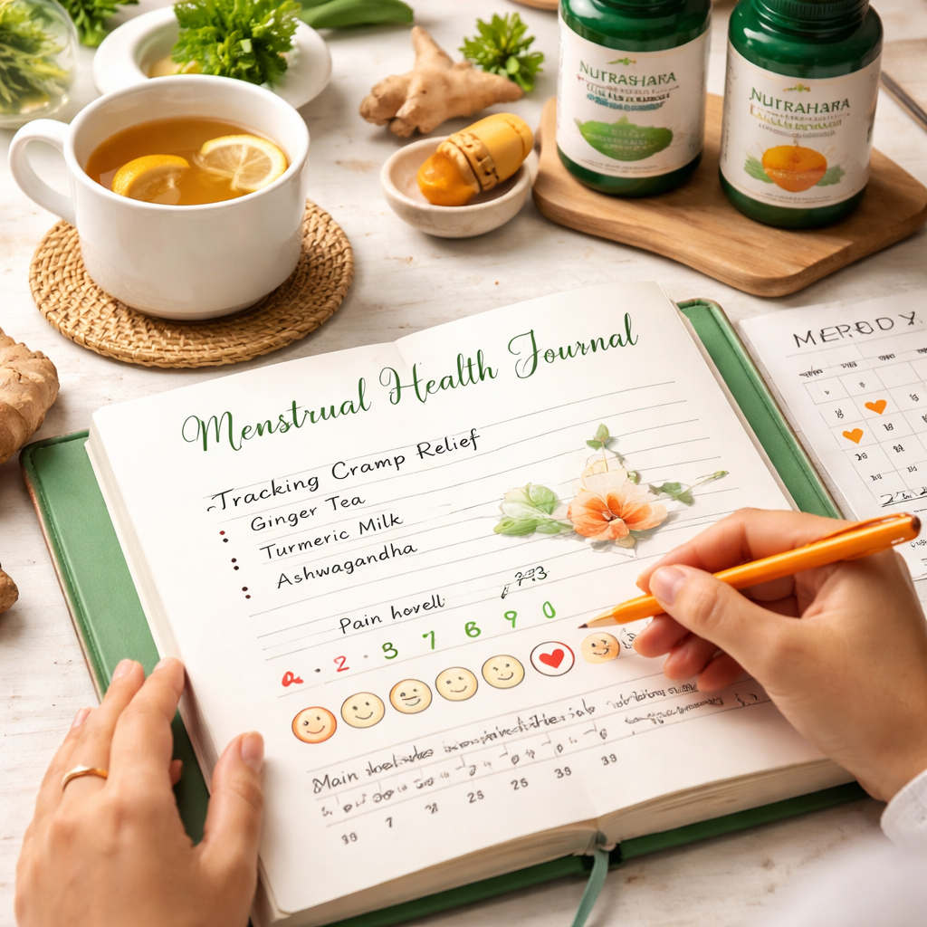A realistic scene of a woman writing in a health journal, with a cup of ginger tea beside her, showing a calendar and pain scale. Alt: tracking menstrual cramp relief with natural ayurvedic remedies