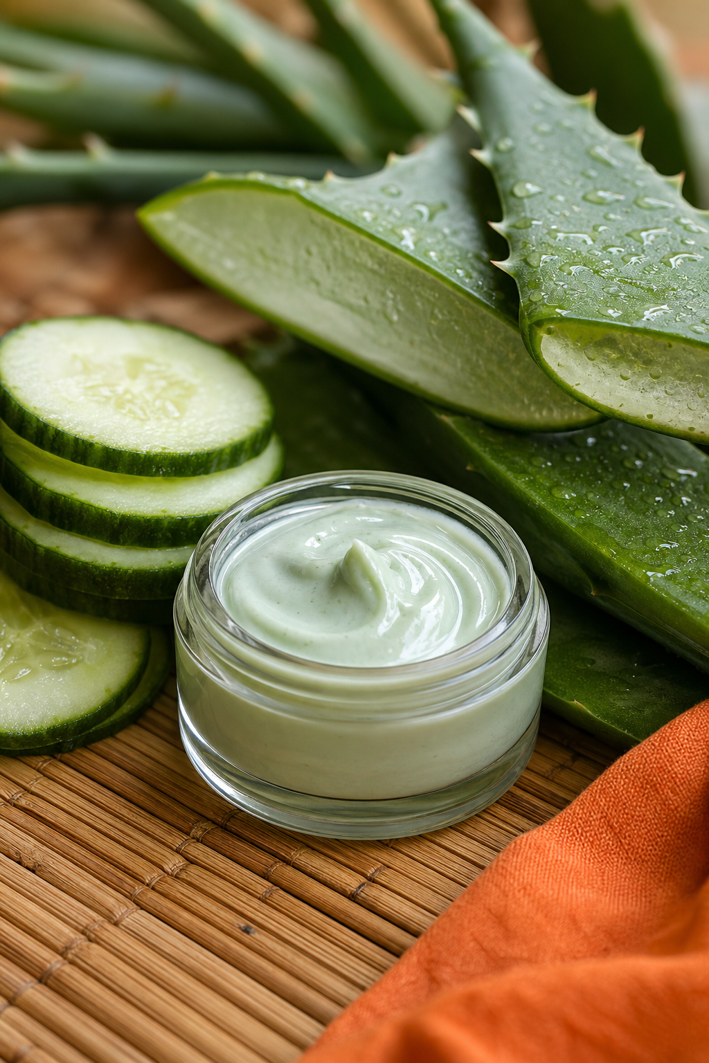 A photorealistic close-up of aloe vera leaves, cucumber slices, and a small jar of green-tinted cream on a bamboo surface, natural lighting. Alt: Natural face moisturizer with SPF made from aloe and cucumber.