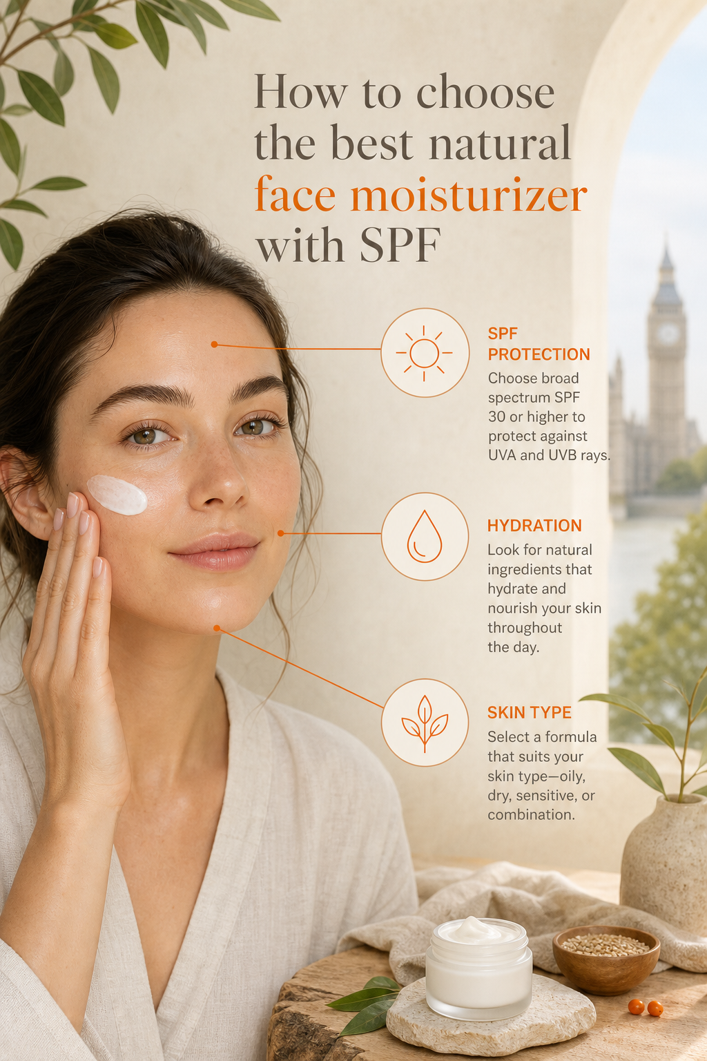 An infographic-style illustration showing a face with labels pointing to SPF protection, hydration, and skin type, clean design. Alt: How to choose the best natural face moisturizer with SPF guide.