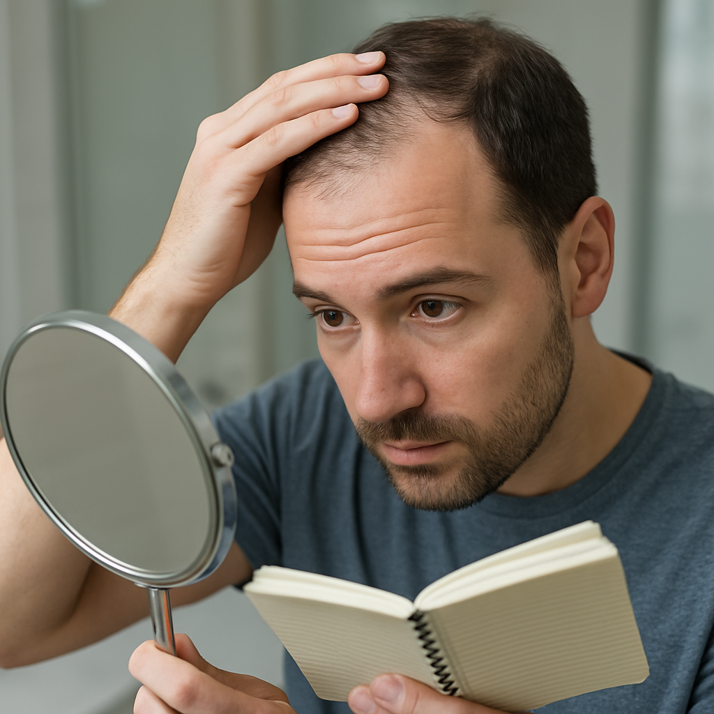 A close‑up of a man gently examining his scalp in a well‑lit bathroom, holding a mirror and a notebook. Alt: Man identifying causes of hair loss, natural hair loss treatment for men.