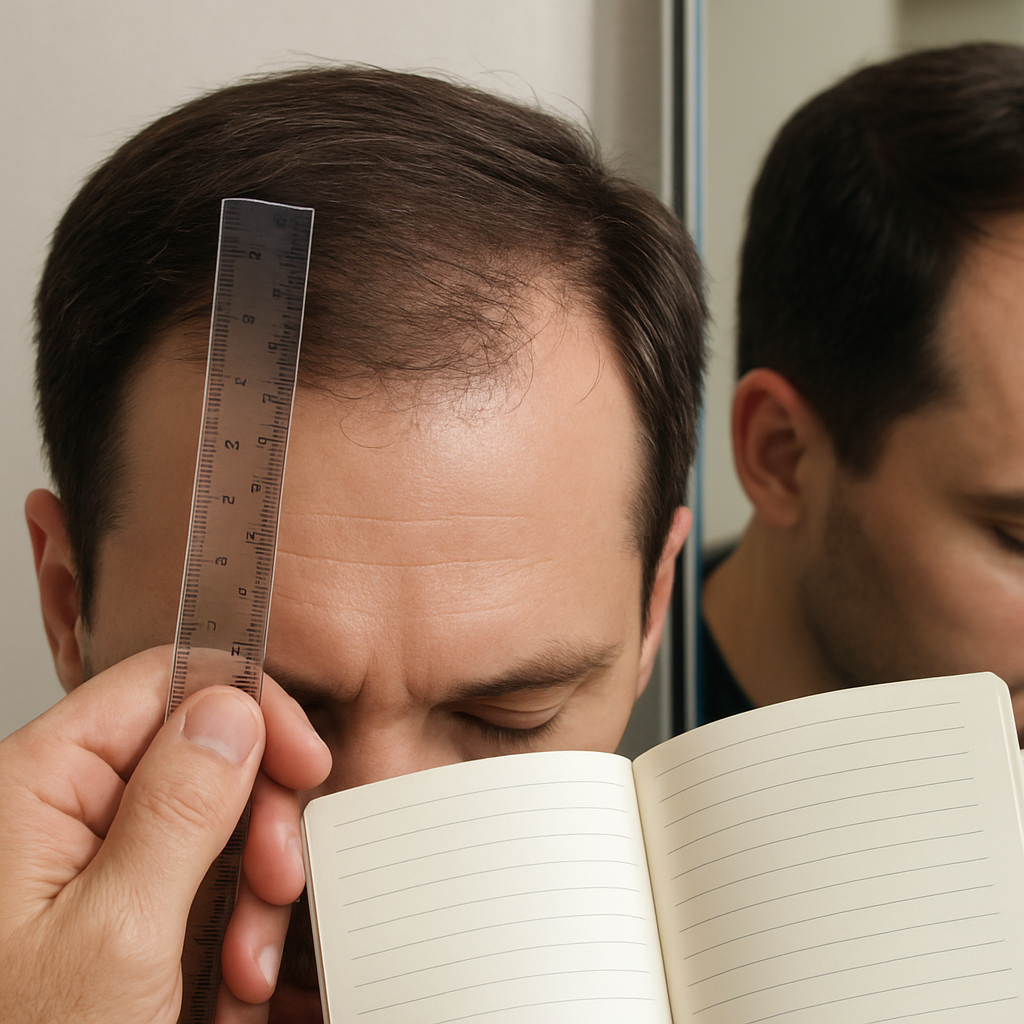 A close‑up of a man's hand holding a ruler and a notebook next to a mirror, showing a healthy scalp with subtle hair thickening. Alt: Maintain long‑term results with natural hair loss treatment for men
