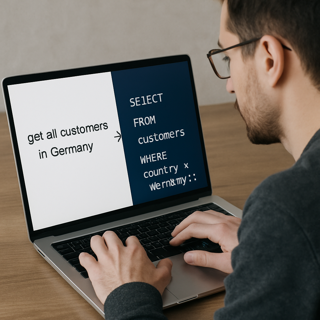 A developer sitting at a laptop, typing a plain English question and watching an AI tool transform it into a formatted SQL query. Alt: natural language to SQL conversion visual guide