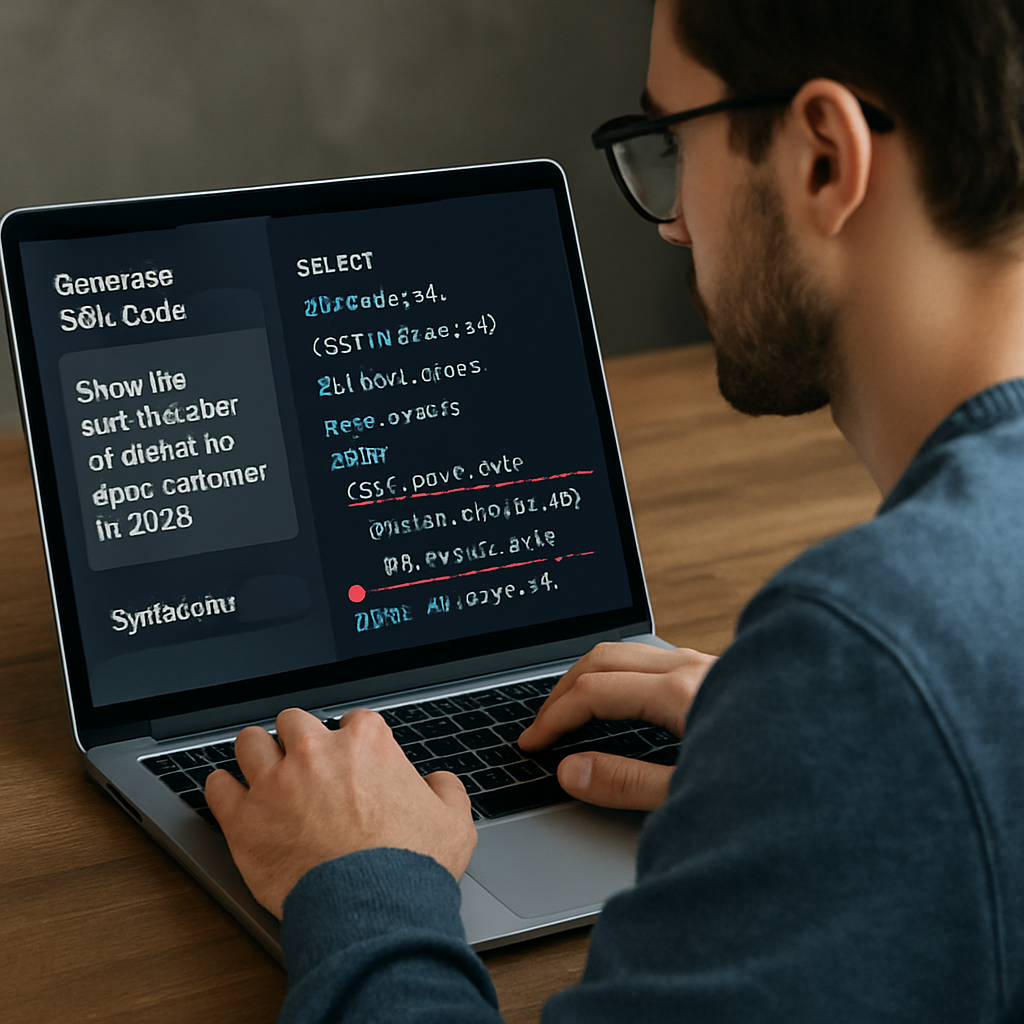 A developer reviewing generated SQL code on a laptop screen, with highlighted syntax errors and a side panel showing the original natural‑language prompt. Alt: natural language to SQL generator result interpretation guide
