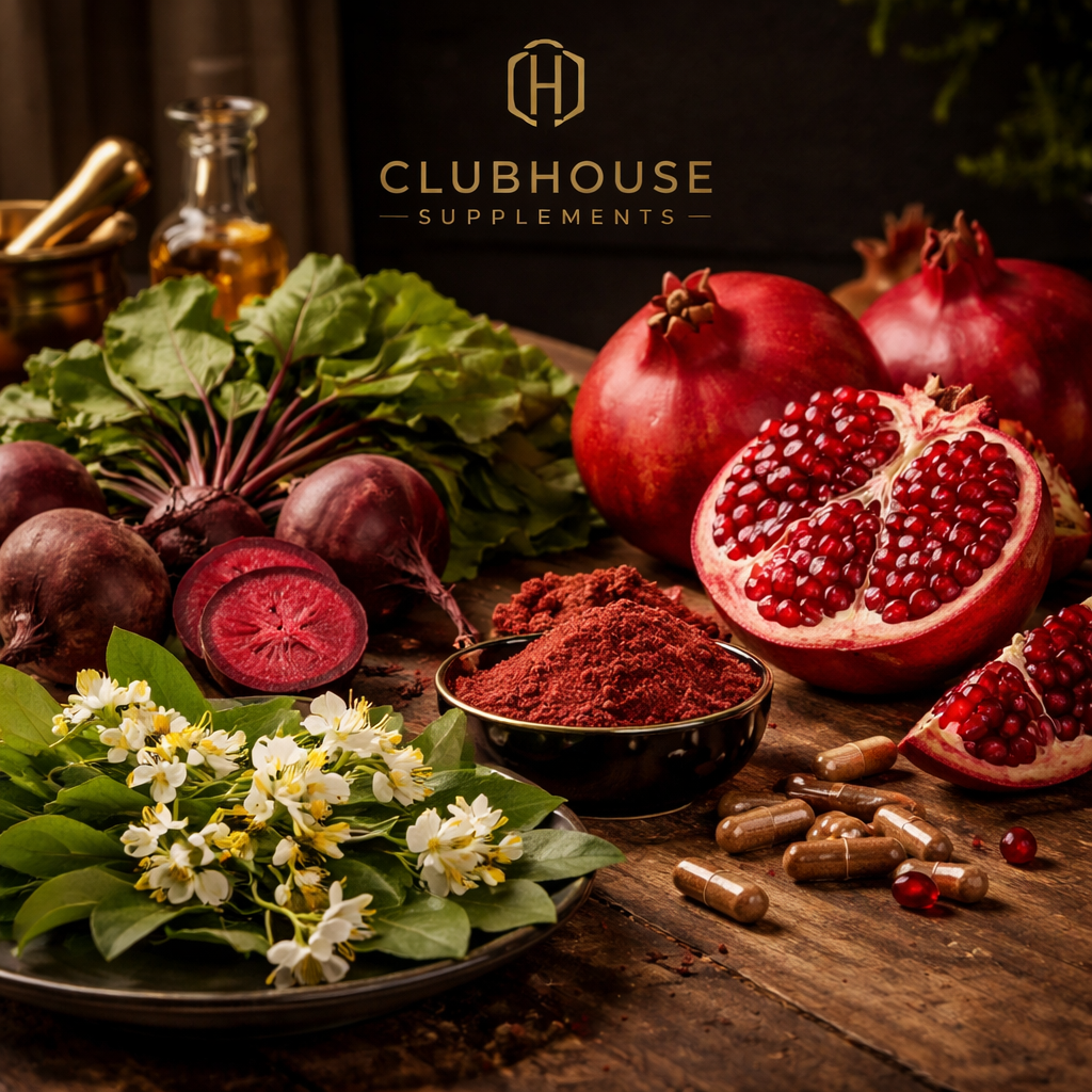 A realistic illustration of natural ingredients like Horny Goat Weed, beetroot, and pomegranate, laid out on a wooden table. Alt: key natural ingredients for male sexual health
