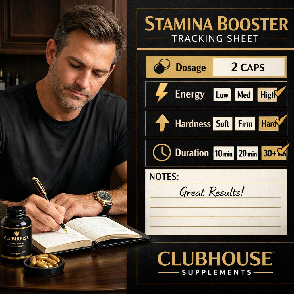 A realistic illustration of a man writing in a journal, with icons for dosage, energy, hardness, and minutes, showing a clear, easy‑to‑follow tracking sheet. Alt: natural male stamina booster pills tracking guide