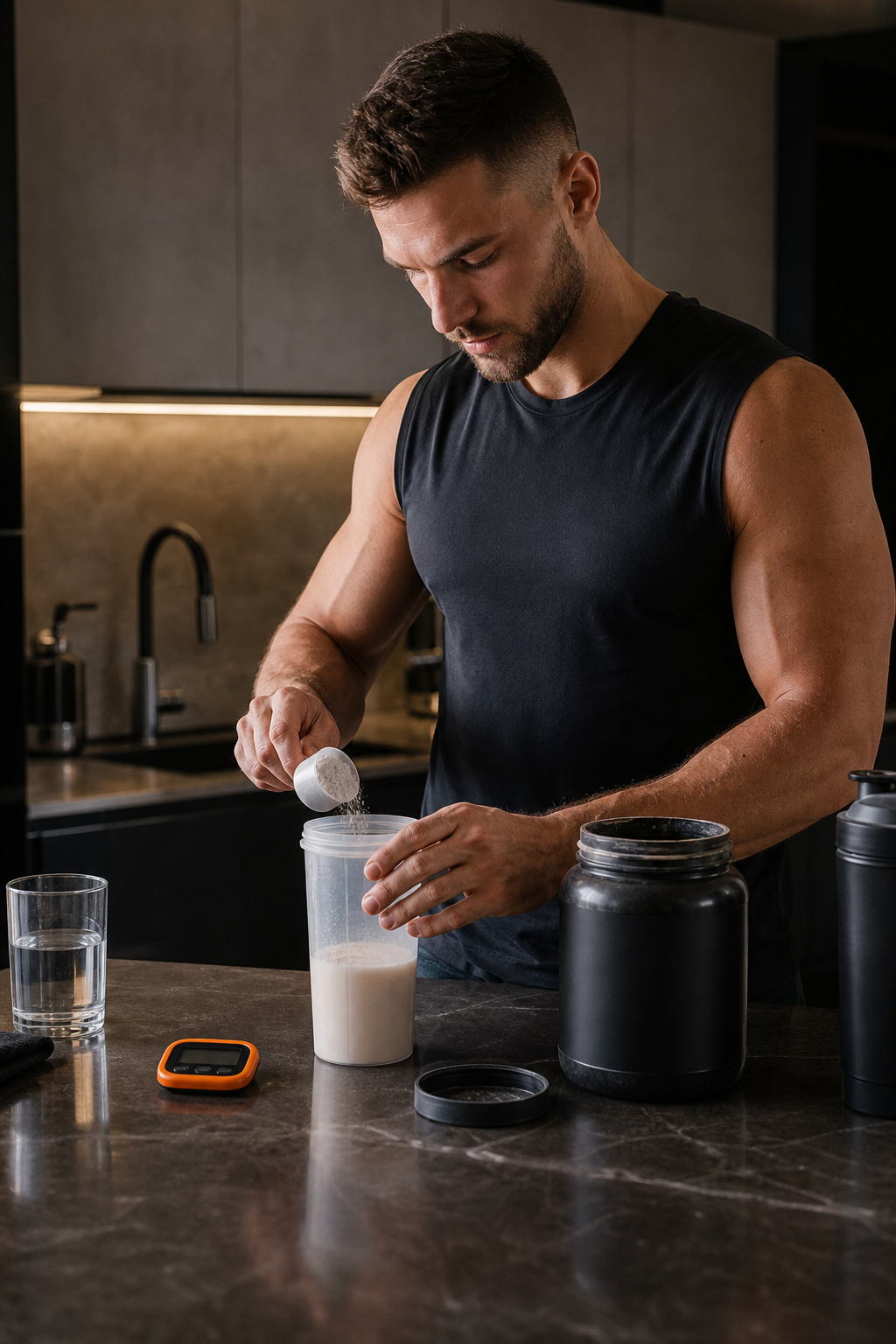 A realistic scene of a male athlete preparing a pre‑workout shake, with a supplement bottle beside a timer. Alt: timing natural stamina supplement for training