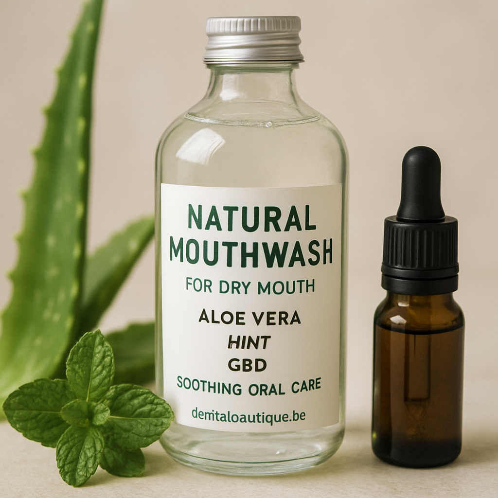 A close‑up of a clear glass bottle of natural mouthwash surrounded by aloe leaves, mint sprigs, and a small CBD oil dropper. Alt: natural mouthwash for dry mouth, aloe vera, mint, CBD soothing oral care
