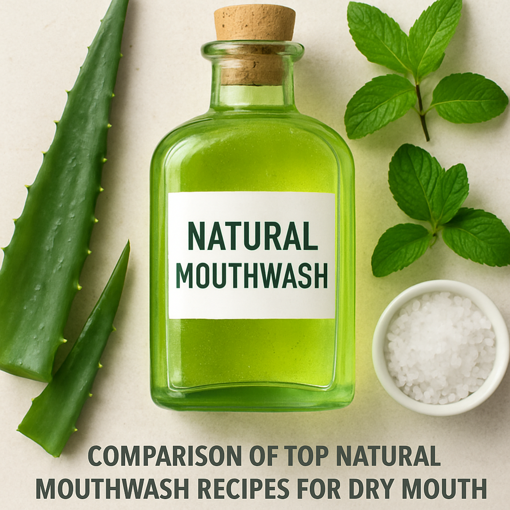 A bright glass bottle of natural mouthwash surrounded by fresh aloe leaves, peppermint sprigs, and a small dish of sea salt. Alt: Comparison of top natural mouthwash recipes for dry mouth.