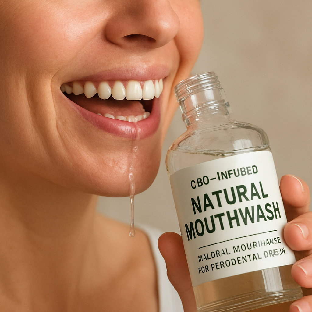 A close‑up of a smiling person rinsing with a natural mouthwash, showing healthy pink gums and a clear glass bottle labeled “CBD‑Infused Natural Mouthwash”. Alt: natural mouthwash for periodontal disease, healthy gums, CBD oral care.