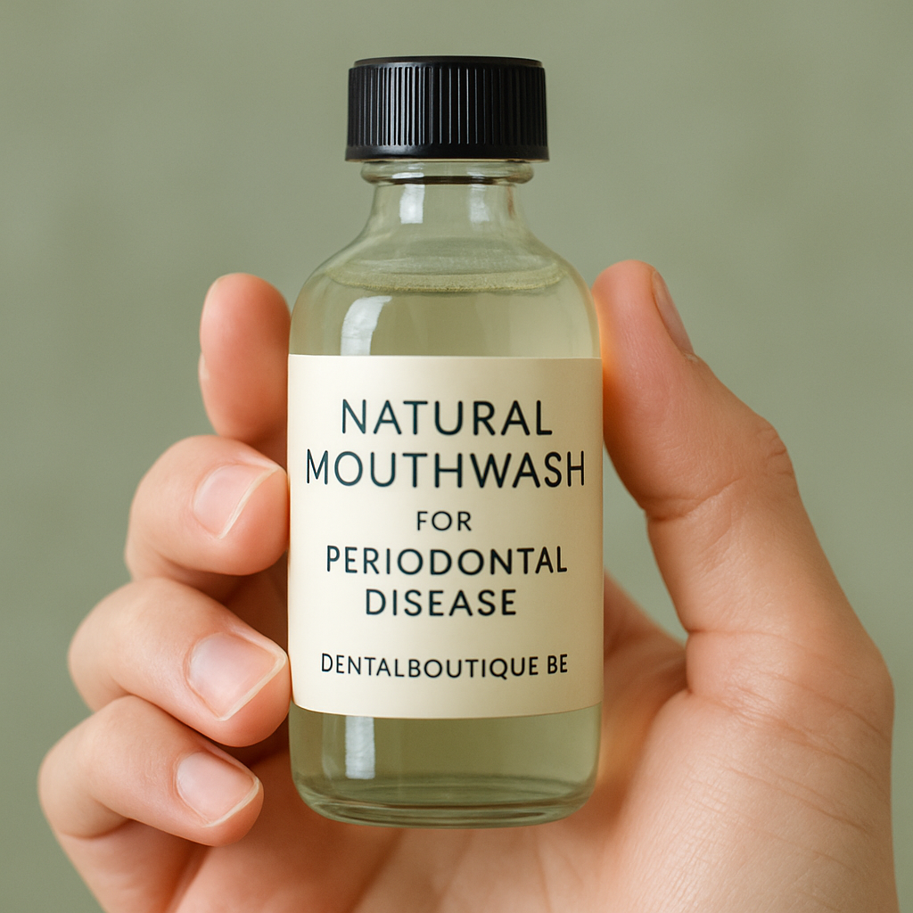 A close‑up of a hand holding a small glass bottle of natural mouthwash, with a soft green background. Alt: natural mouthwash for periodontal disease being used correctly.