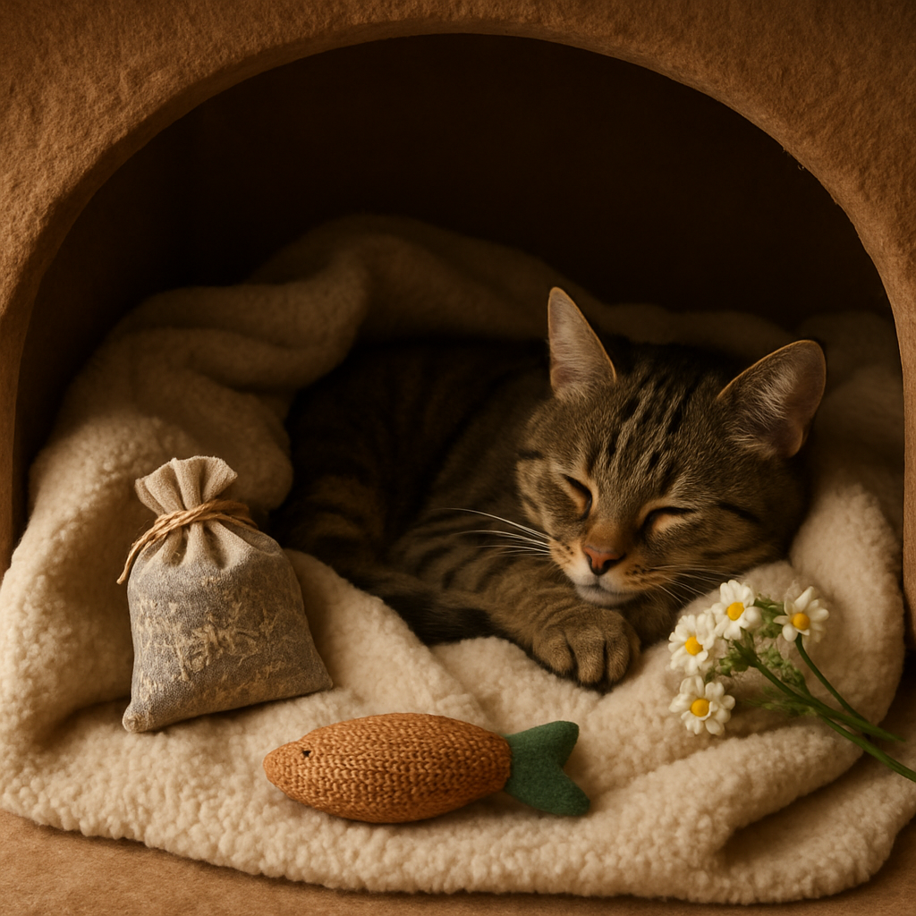 A cozy cat nook featuring a soft blanket lightly scented with chamomile, a small sachet of dried valerian nearby, and a playful catnip toy tucked in the corner. Alt: Herbal calmatives catnip valerian chamomile cat anxiety natural remedies for cat anxiety