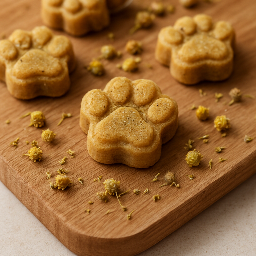 A close‑up of homemade cat treats shaped like tiny paws, dusted with a hint of dried chamomile, placed on a wooden cutting board. Alt: DIY calming cat treats with natural herbs for anxiety relief.
