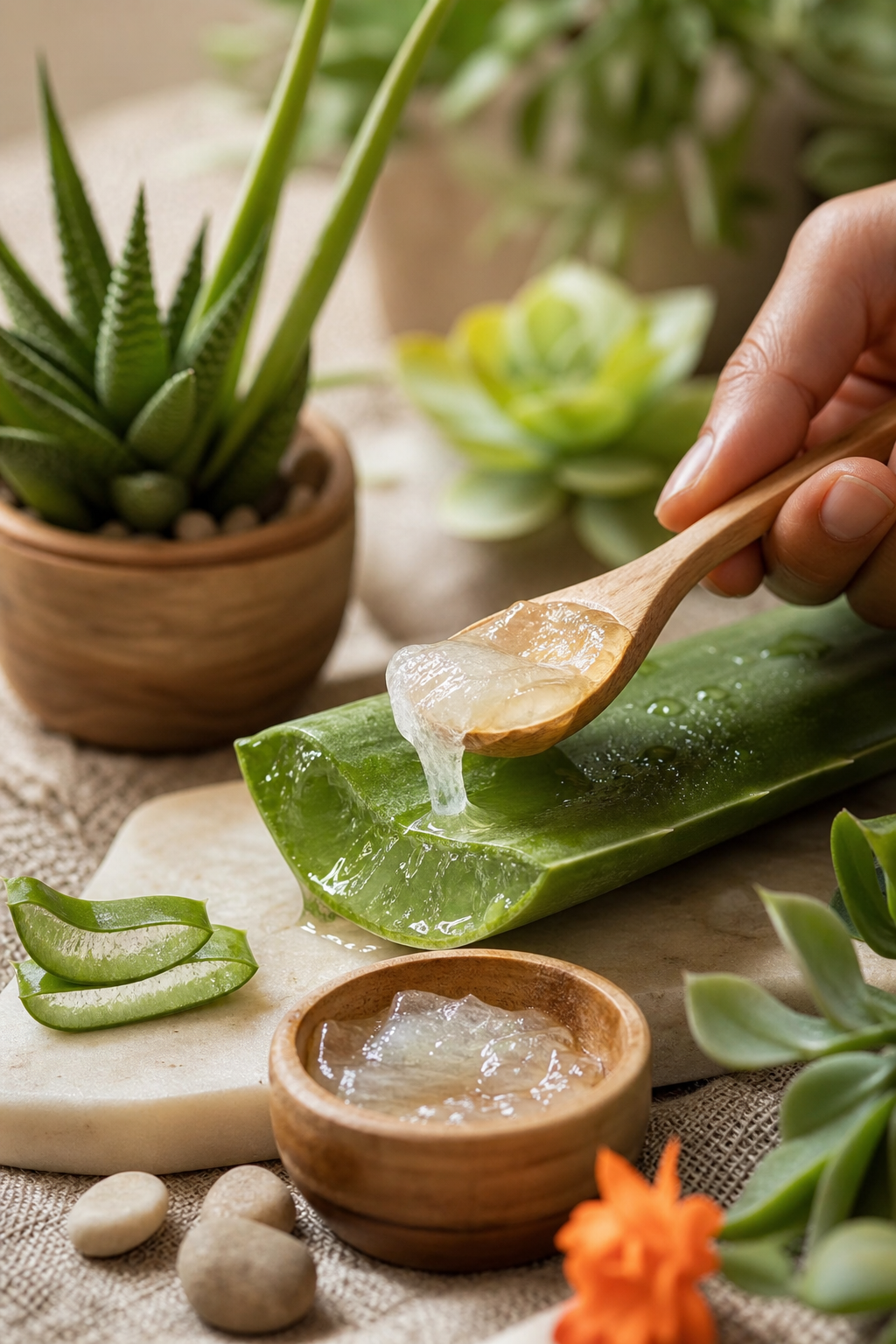 A photorealistic shot of a hand scooping clear gel from a freshly cut aloe vera leaf, with green succulent plants softly blurred in the background. Alt: fresh aloe vera gel used as a natural remedy for dry winter skin.