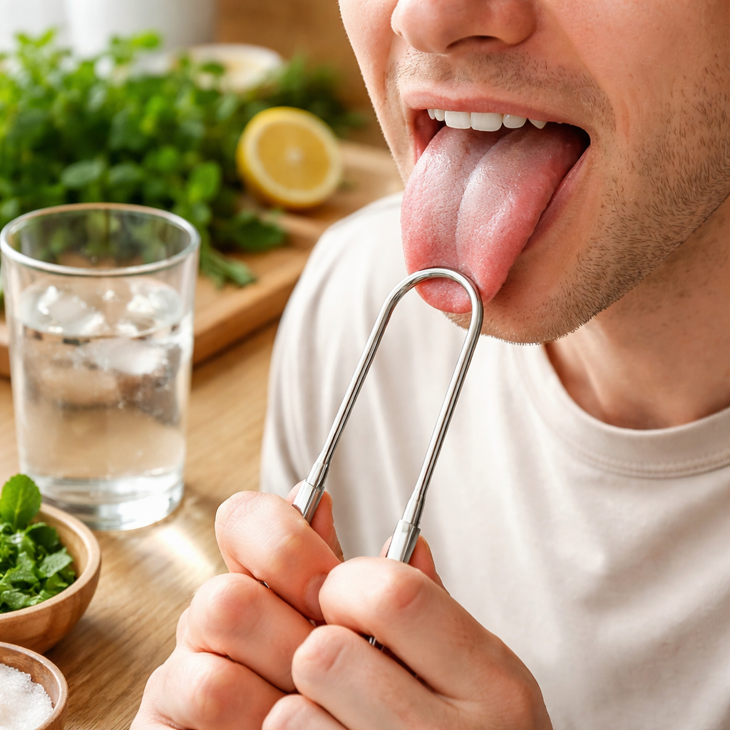 A photorealistic close‑up of a person examining their tongue with a scraper, a glass of water nearby, and fresh herbs on a kitchen counter. Alt: natural remedy for bad breath, tongue cleaning, hydration.