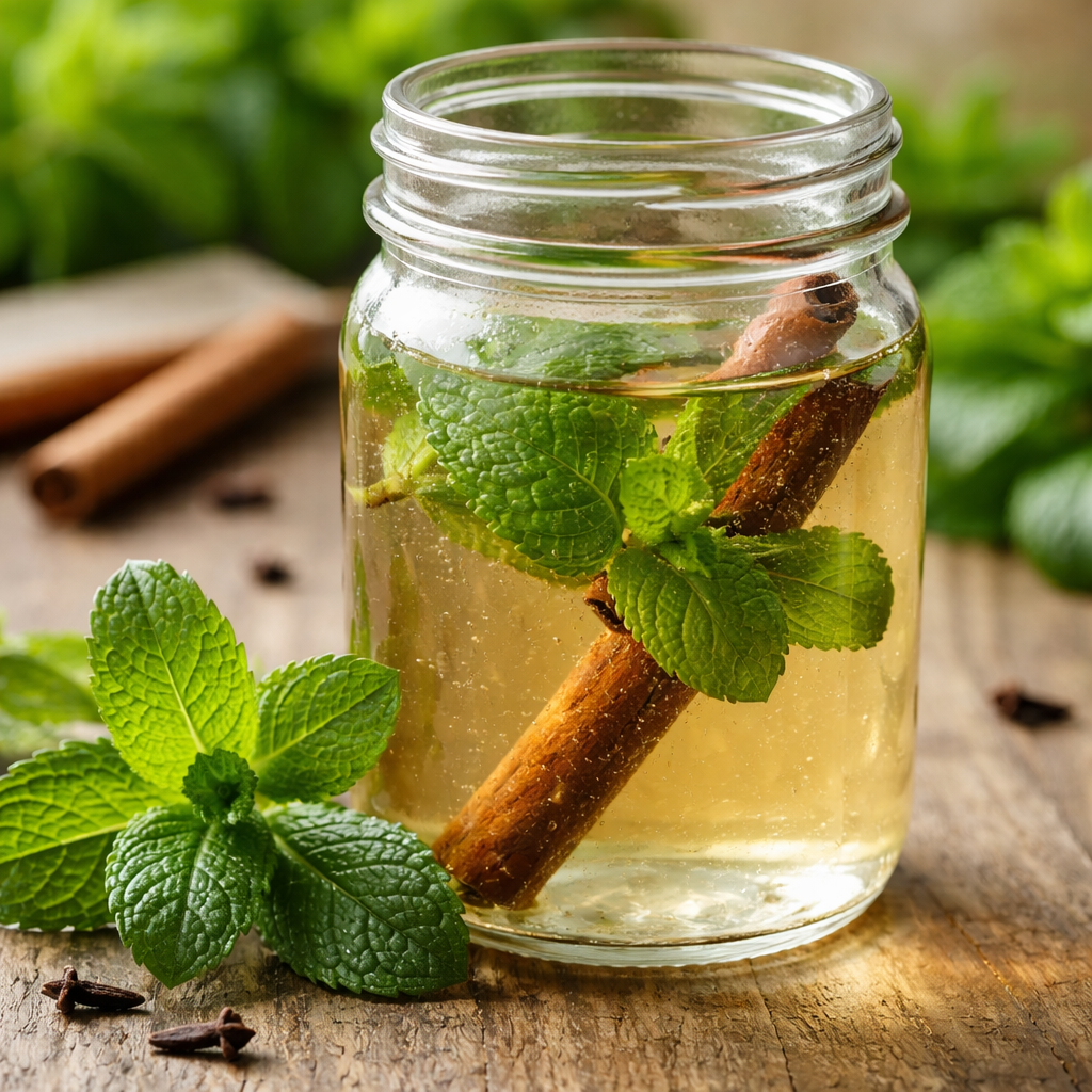 A photorealistic close‑up of a clear glass jar filled with a light amber herbal mouthwash, fresh mint leaves and a cinnamon stick floating beside it, soft natural light highlighting the liquid. Alt: homemade herbal mouthwash for fresh breath.