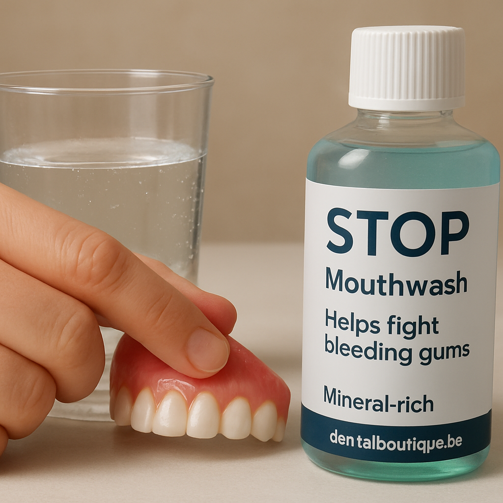 A close‑up of a hand gently massaging gums with a soft fingertip, next to a glass of mineral‑rich water and a bottle of STOP Mouthwash. Alt: Gentle home care techniques for bleeding gums