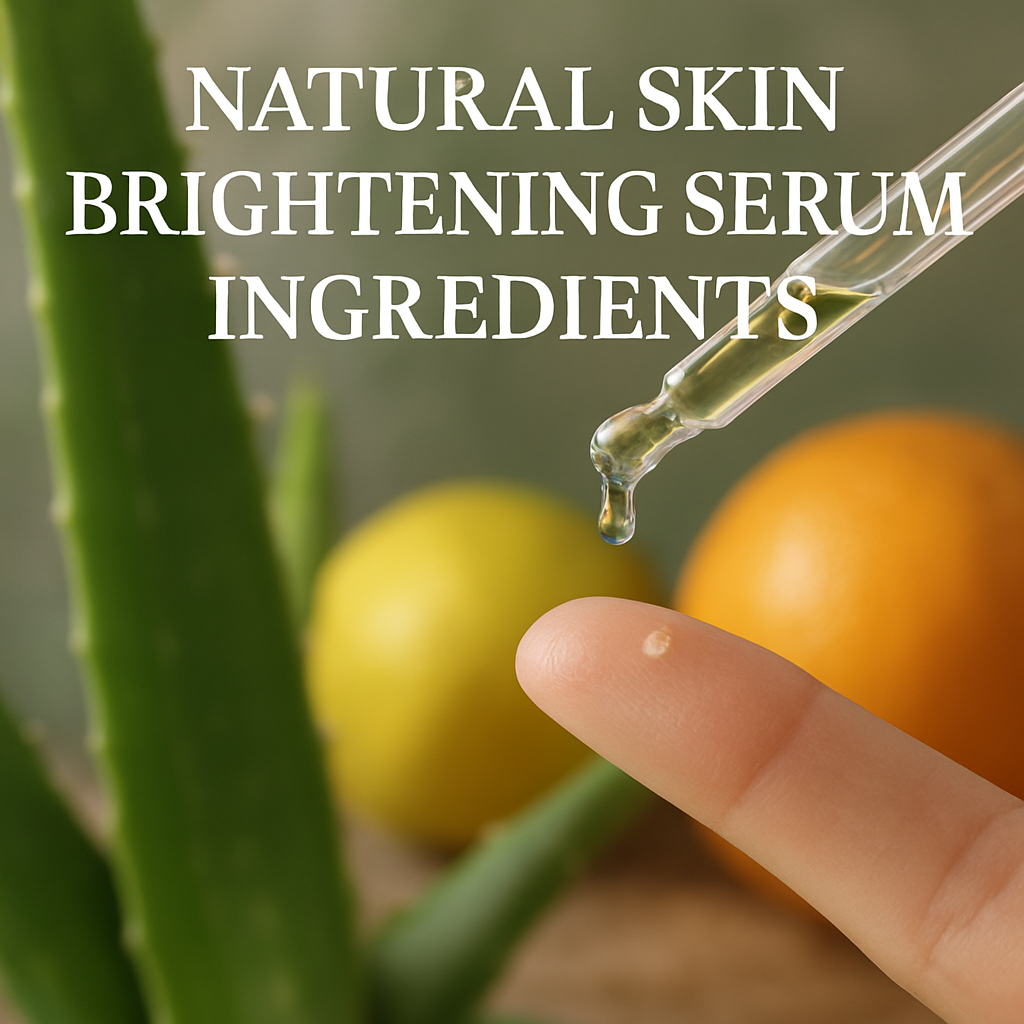 A close‑up of a glass dropper dispensing a clear, slightly amber serum onto a fingertip, with a soft, natural background of aloe leaves and citrus fruits. Alt: natural skin brightening serum ingredients brightening skin.