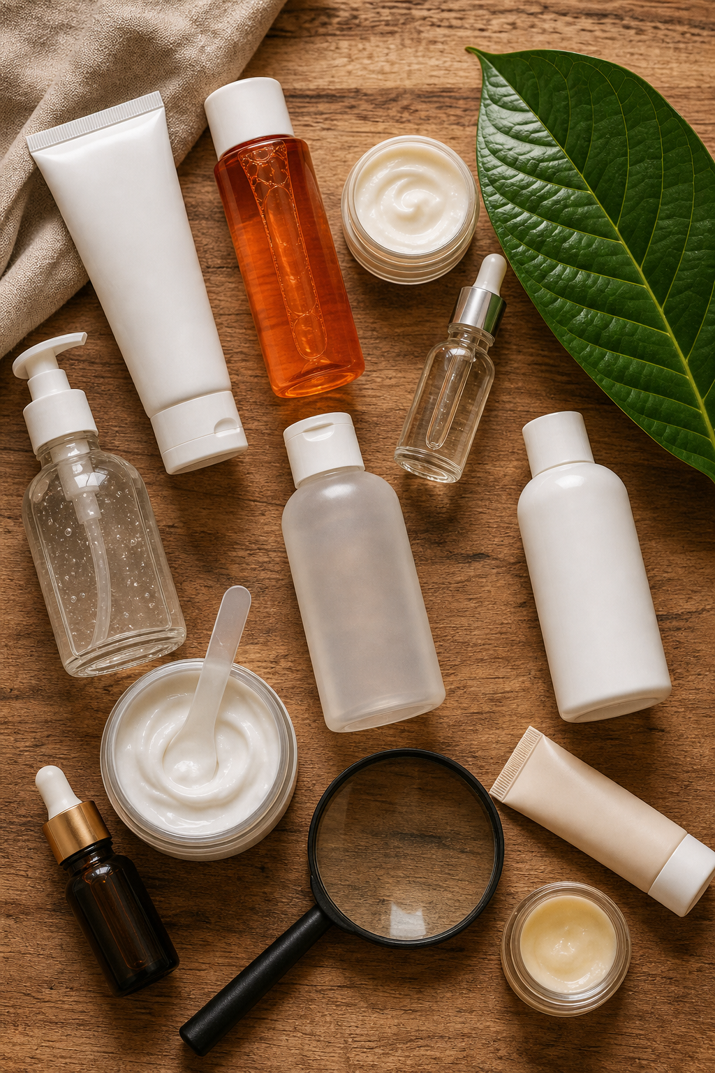 A flat lay of common conventional skincare ingredient containers , bottles, tubes, and jars , next to a natural green leaf and magnifying glass on a warm wooden surface, emphasizing ingredient scrutiny. Alt: conventional skincare ingredients to avoid for eczema-prone skin.