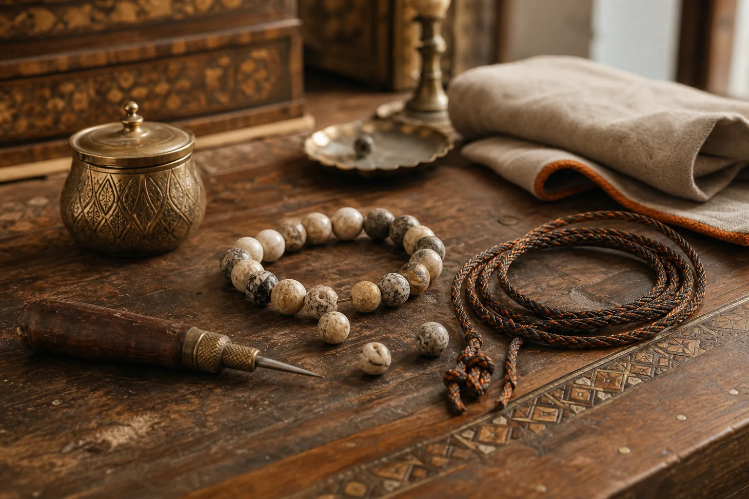 natural stone bracelet beads and handmade cord in an artisan atelier