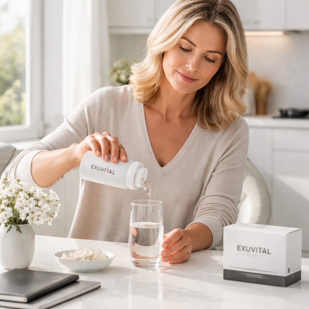 A photorealistic scene of a middle‑aged person at a kitchen table, pouring a clear capsule supplement into a glass of water, bright morning light through a window, calm and focused expression, realism style, appealing to adults 30+ interested in anti‑aging and wellness.