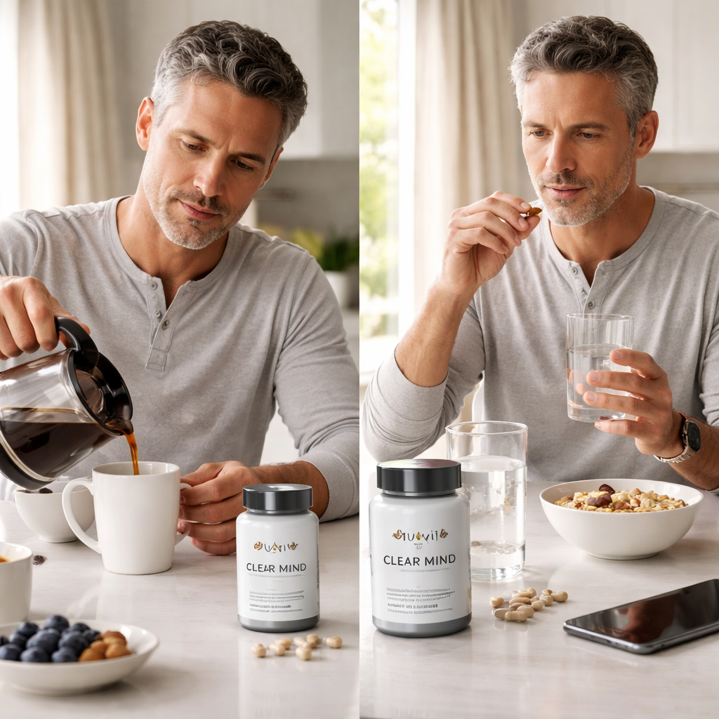 A photorealistic scene of a middle‑aged adult at a kitchen table, pouring coffee, opening a bottle of natural brain‑fog supplement, and taking a capsule with a glass of water. Soft morning light streams through a window, highlighting a calm, focused expression. Alt: natural supplement for brain fog daily routine in realistic style.