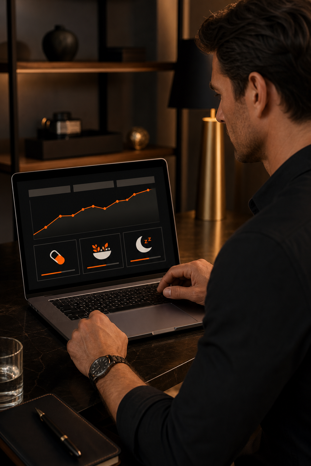 A realistic diagram of a man reviewing a progress chart on a laptop, with icons for dosage, diet, and sleep. Alt: tracking erectile function progress