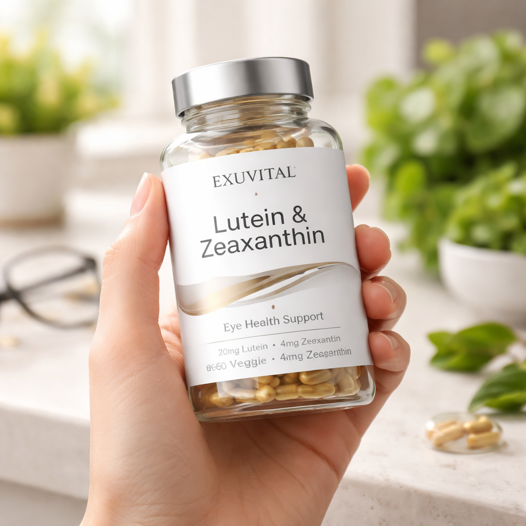 A photorealistic close‑up of a hand holding a clear capsule bottle labeled “Lutein & Zeaxanthin”, a soft‑focused background of a bright kitchen counter with fresh leafy greens and a pair of reading glasses, Realism style, appealing to adults 30+ interested in natural eye health supplements. Alt: Natural supplement for eye health capsule bottle with fresh ingredients.