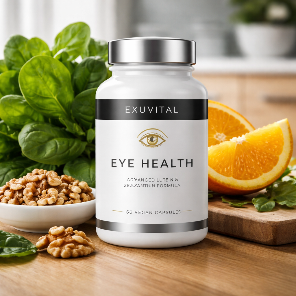 A photorealistic close‑up of a sleek supplement bottle labeled “Eye Health”, next to fresh leafy greens, orange slices, and a small dish of walnuts on a wooden kitchen countertop. Alt: Natural supplement for eye health displayed with vitamin‑rich foods.