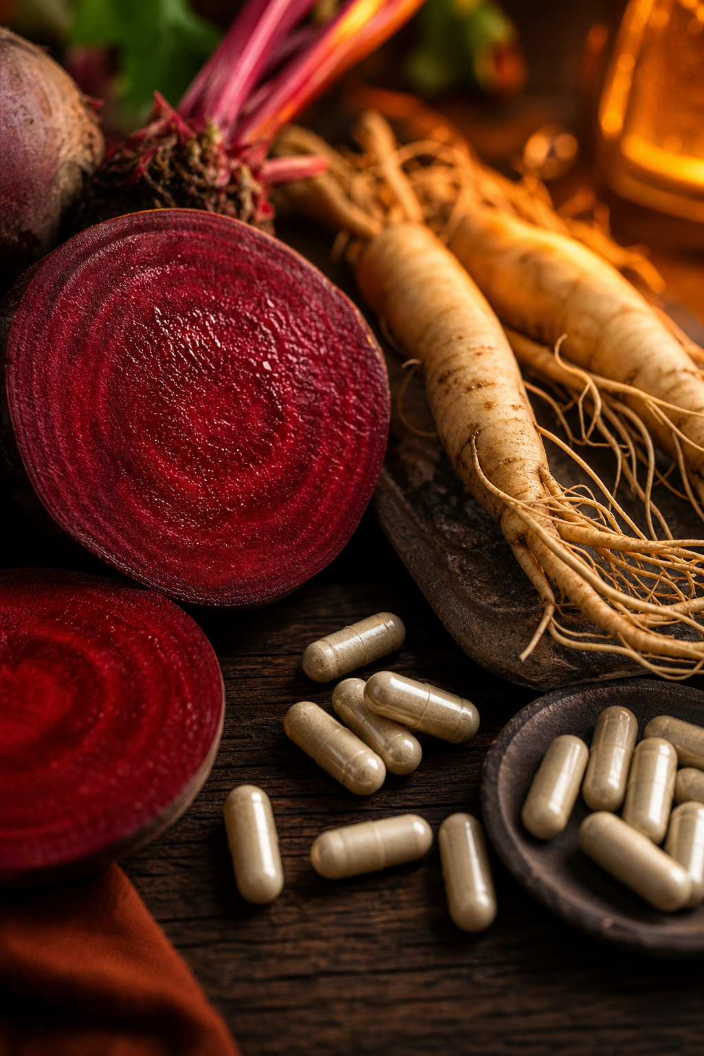 A photorealistic close-up of natural ingredients including beetroot slices, ginseng root, and amino acid capsules arranged on a dark wooden surface with warm orange accent lighting. Alt: natural supplement ingredients that support nitric oxide production for harder erections.