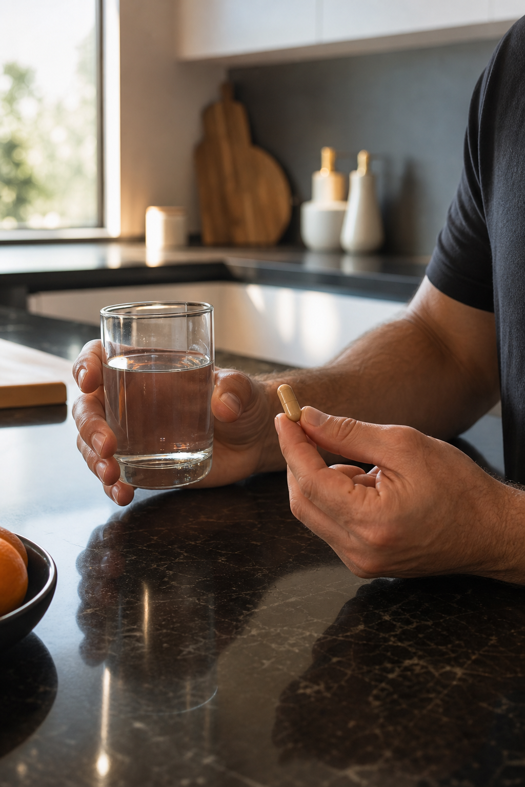 A photorealistic scene of a man's hands holding a glass of water and a capsule supplement at a kitchen counter in the morning, warm natural light coming through a window. Alt: man taking a daily natural supplement for harder erections with a glass of water.
