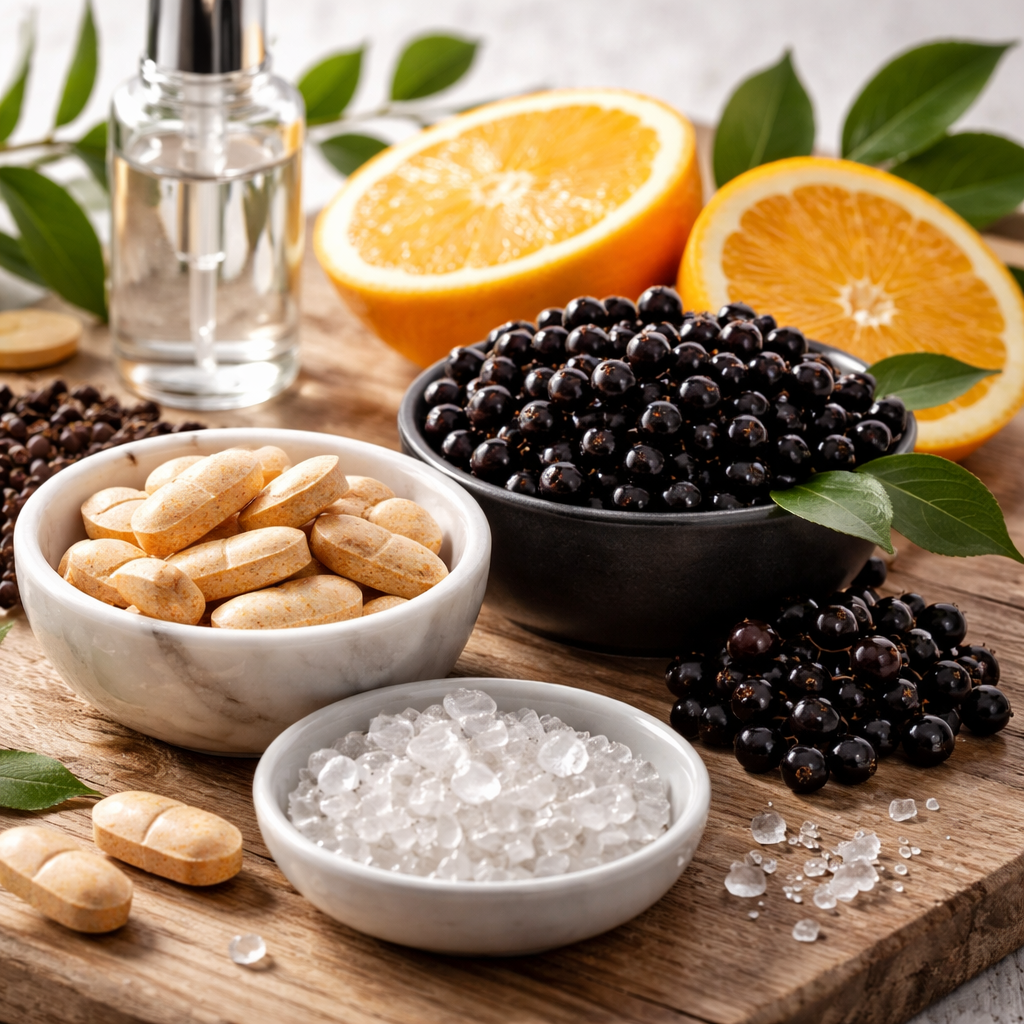 A photorealistic close‑up of natural supplement ingredients like vitamin C tablets, zinc crystals, and elderberry berries arranged on a wooden table. Alt: natural supplement ingredients for immune support.