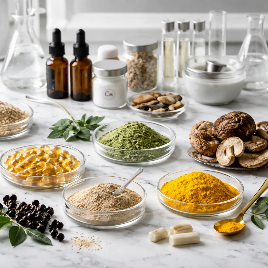 A realistic illustration of a lab bench with vitamin capsules, mineral powders, and mushroom extracts spread out, showing the diversity of ingredients in natural supplement for immune support. Alt: lab bench with immune support supplement ingredients.