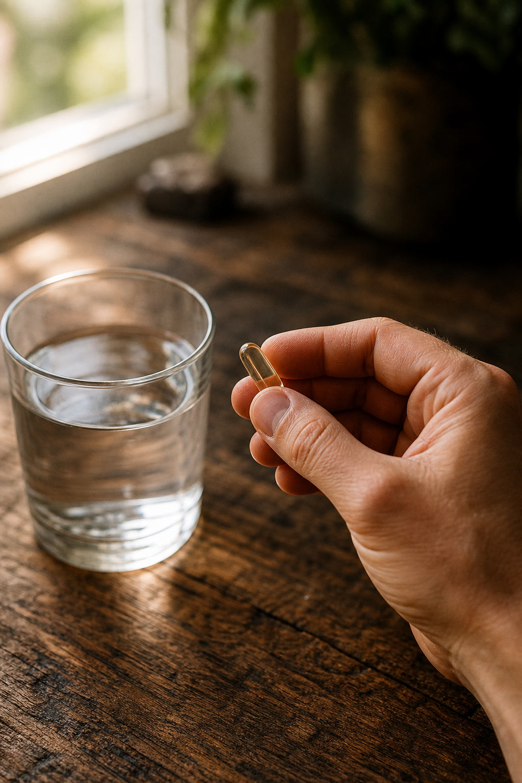 A photorealistic close-up of a man's hand holding a clear capsule next to a glass of water on a rustic wooden table, with natural lighting from a window. Alt: Natural supplement capsule for stamina