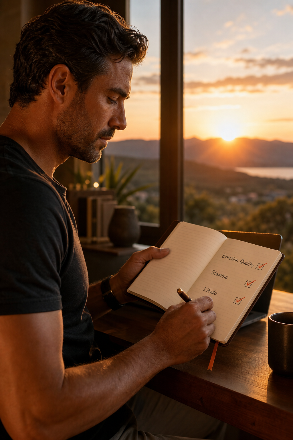 A realistic illustration of a man reviewing a personal health notebook, checking boxes for erection quality, stamina, and libido, with subtle background of a sunrise, representing a fresh start. Alt: man assessing sexual health goals