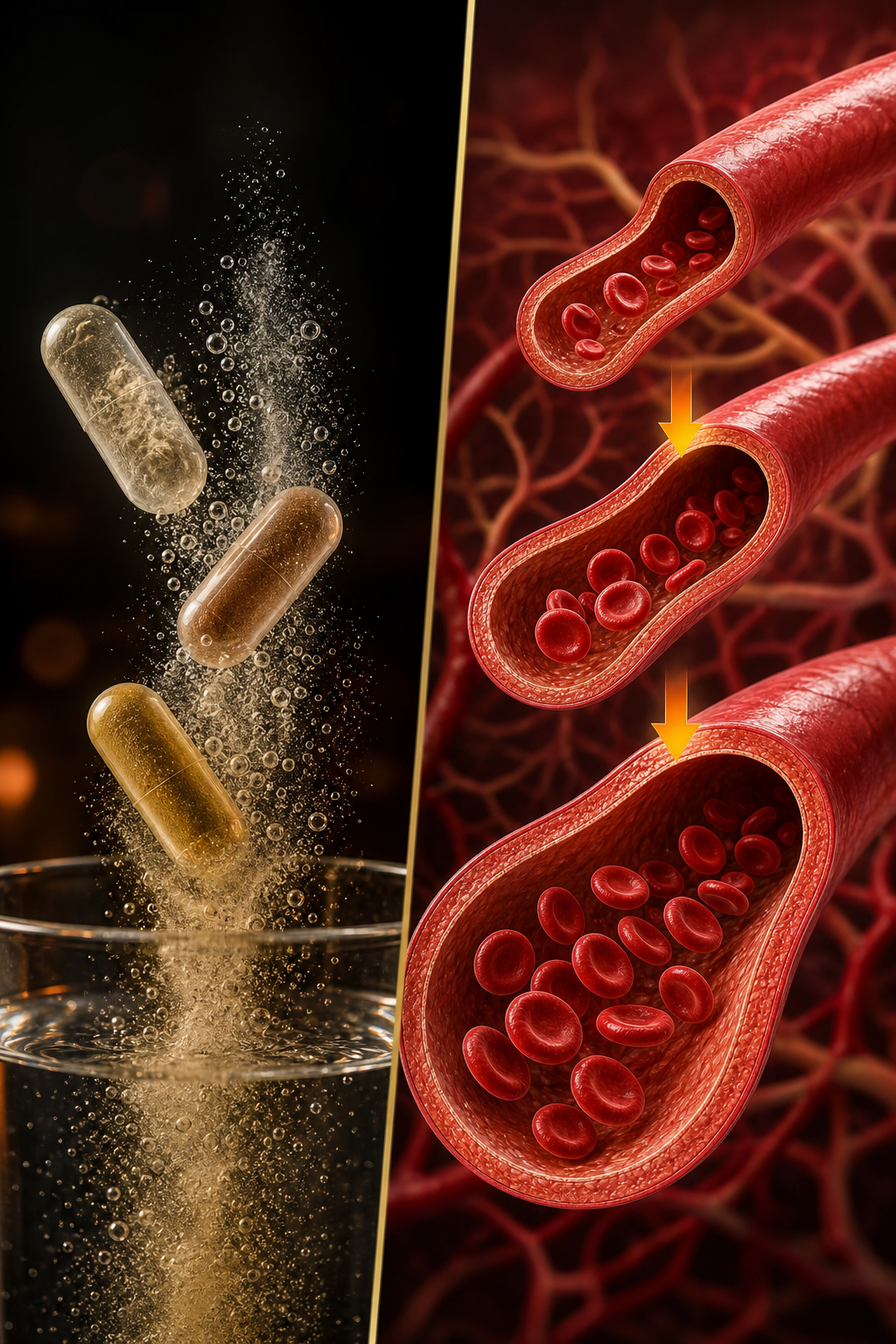 A realistic split‑screen illustration showing three supplement capsules dissolving beside a diagram of blood vessels expanding, highlighting nitric‑oxide action. Alt: supplement ingredients boosting blood flow