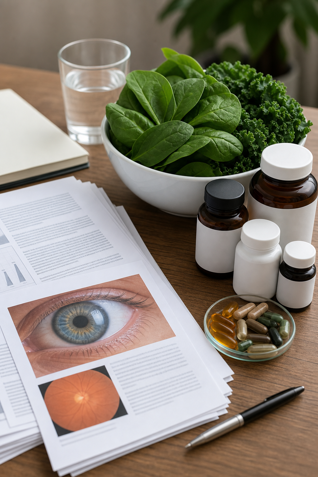 Eye health research papers, leafy greens, and vitamin bottles on a wooden desk