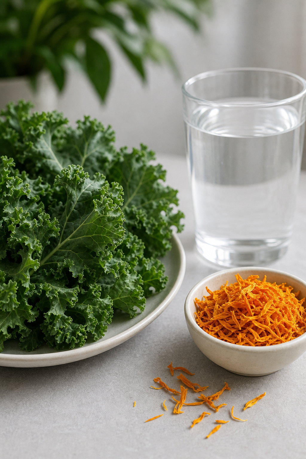 Lutein‑rich kale and marigold petals beside a glass of water