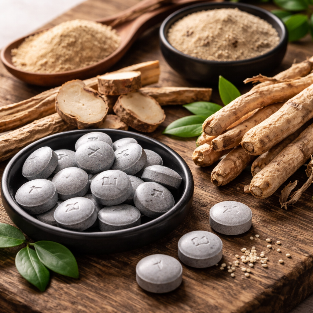 A photorealistic close‑up of natural supplement ingredients like zinc tablets, ashwagandha root, and tongkat ali bark on a wooden surface. Alt: natural testosterone support ingredients close‑up.