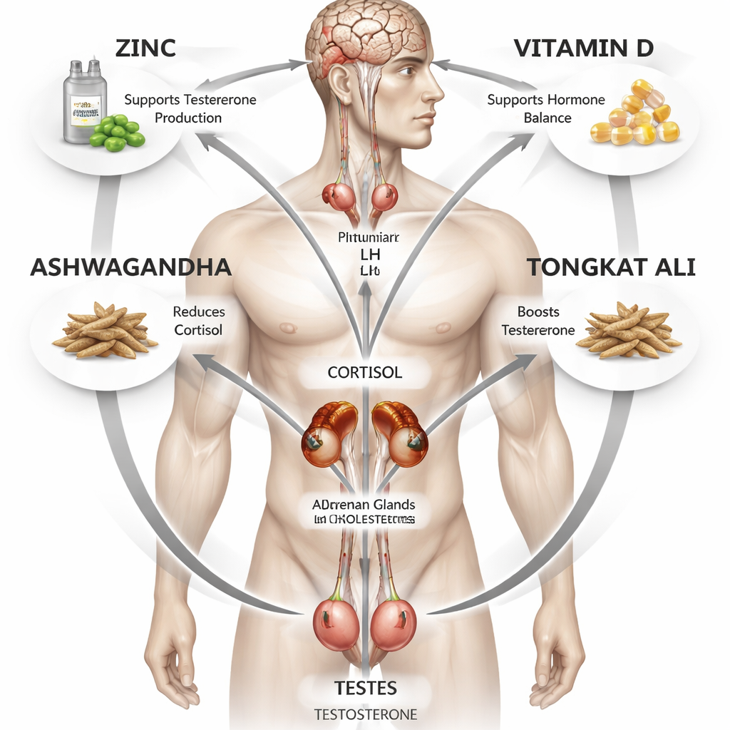 A realistic illustration of a human body highlighting the testes, adrenal glands, and hormone pathways, with arrows showing where zinc, vitamin D, ashwagandha, and tongkat ali act. Alt: diagram of natural testosterone support mechanisms.