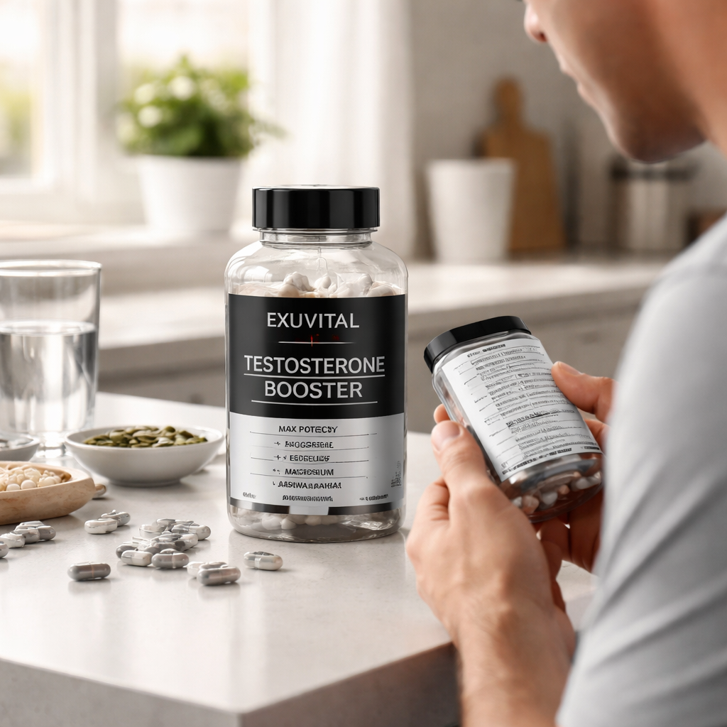 A photorealistic scene of a kitchen counter with a clear bottle of a natural testosterone booster supplement, surrounded by zinc and magnesium capsules, soft morning light, showing a 30‑plus adult reading a supplement label. Alt: natural testosterone booster supplement review visual.