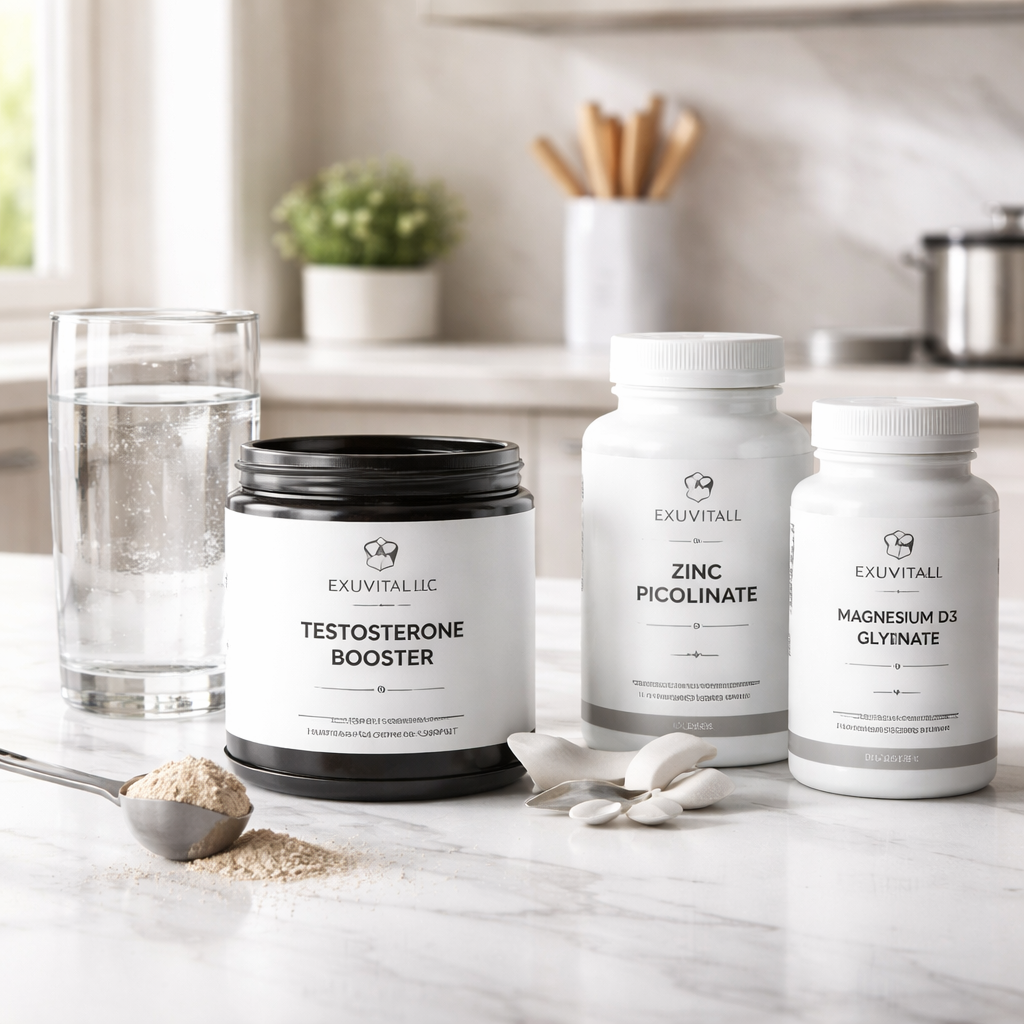 A photorealistic scene of a clean kitchen counter with a glass of water, a scoop of a natural testosterone booster powder, and labeled jars of zinc picolinate, magnesium glycinate, and vitamin D3 bottles, soft natural lighting, realistic style, appealing to adults 30+ focused on health and vitality.