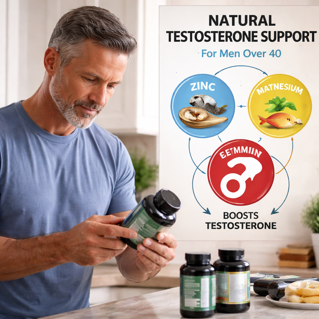 A photorealistic scene of a middle‑aged man reviewing a supplement label and a simple diagram of how zinc, magnesium, and vitamin D support testosterone production. Alt: natural testosterone support supplement men over 40 diagram.