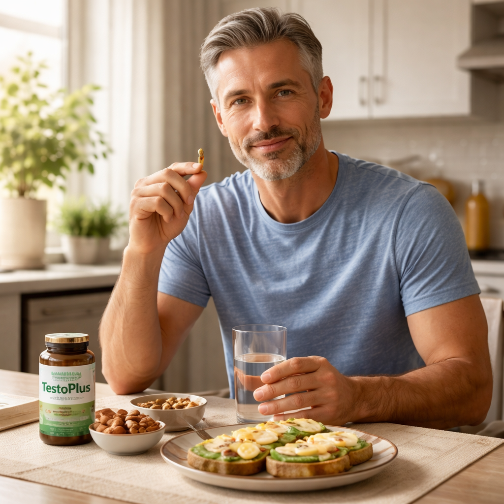 A photorealistic scene of a middle‑aged man sitting at a kitchen table, holding a supplement capsule with a glass of water, next to a plate of avocado toast and nuts. Soft natural lighting, realistic textures, emphasizing a healthy morning routine. Alt: natural testosterone support supplement men over 40 morning routine