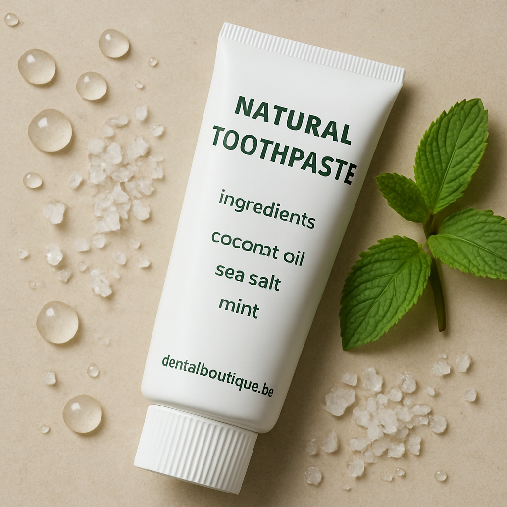 A close‑up of a natural toothpaste tube surrounded by coconut oil droplets, sea salt crystals, and a sprig of mint. Alt: Natural toothpaste ingredients coconut oil sea salt mint for healthy gums.