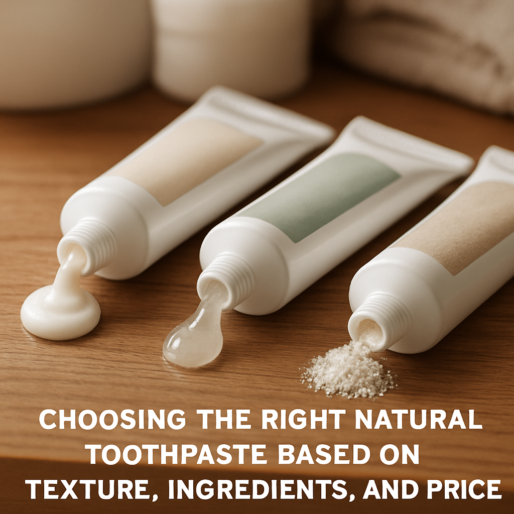 A close‑up of three natural toothpaste tubes on a wooden bathroom counter, each showing a different texture – creamy paste, smooth gel, and slightly gritty powder. Alt: Choosing the right natural toothpaste based on texture, ingredients, and price.